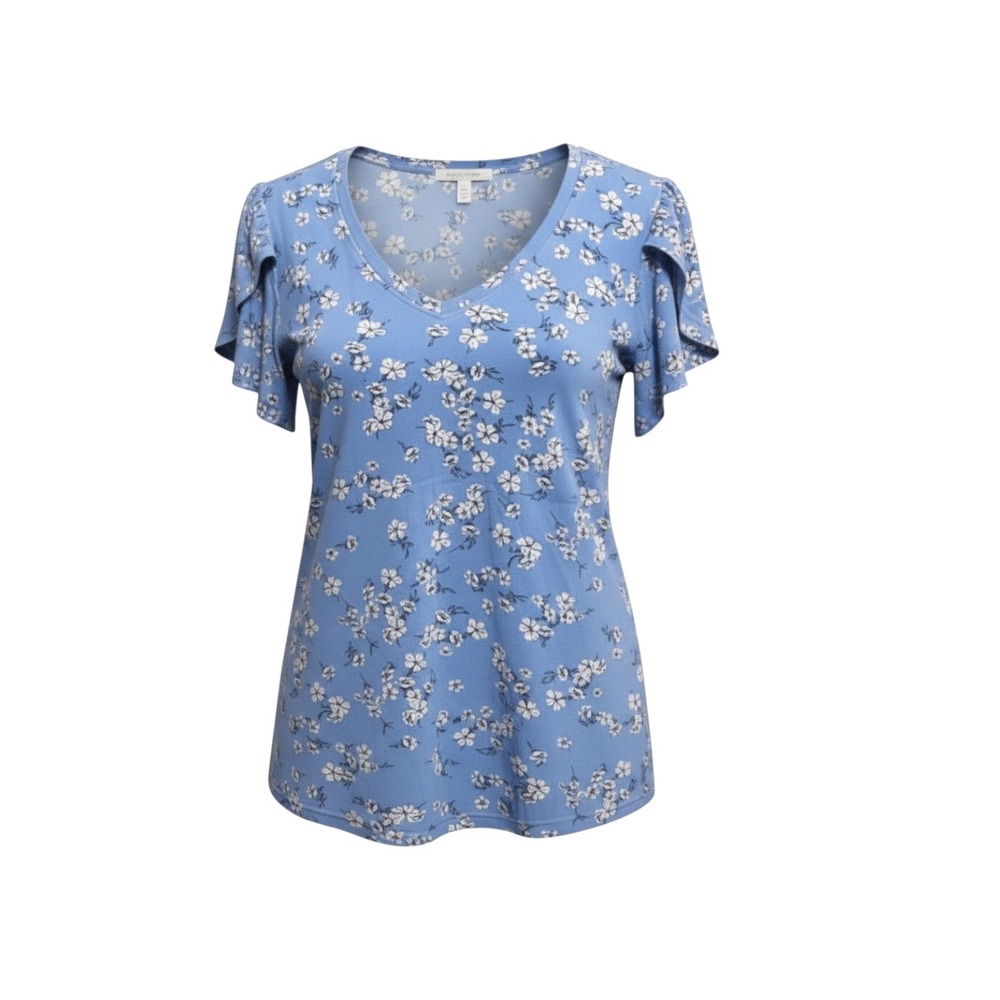 Cathy Blue Floral V-Neck Flutter Sleeve‎ A-Line Tee Cottagecore Coquette Top L